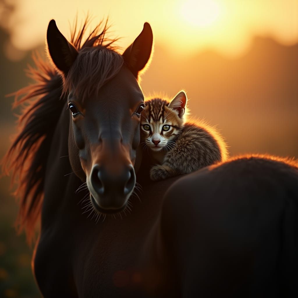 Kitten and Shetland Pony in Golden Light