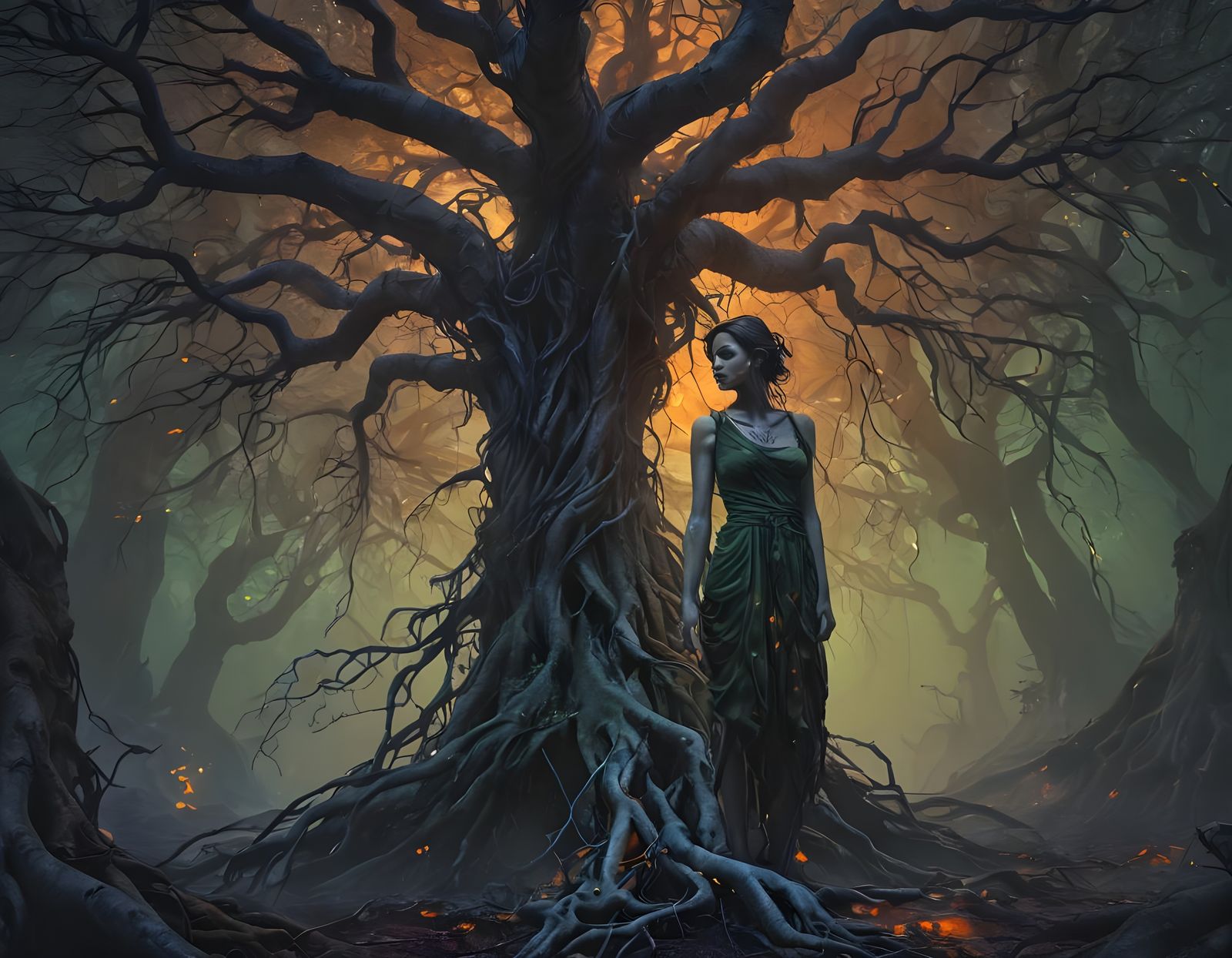 Ethereal Woman in Mystical Forest, Fantasy Concept Art