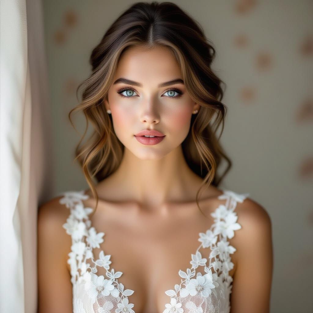 A young woman with striking blue eyes and wavy brown hair. She is adorned with a delicate lace dress that features intri...