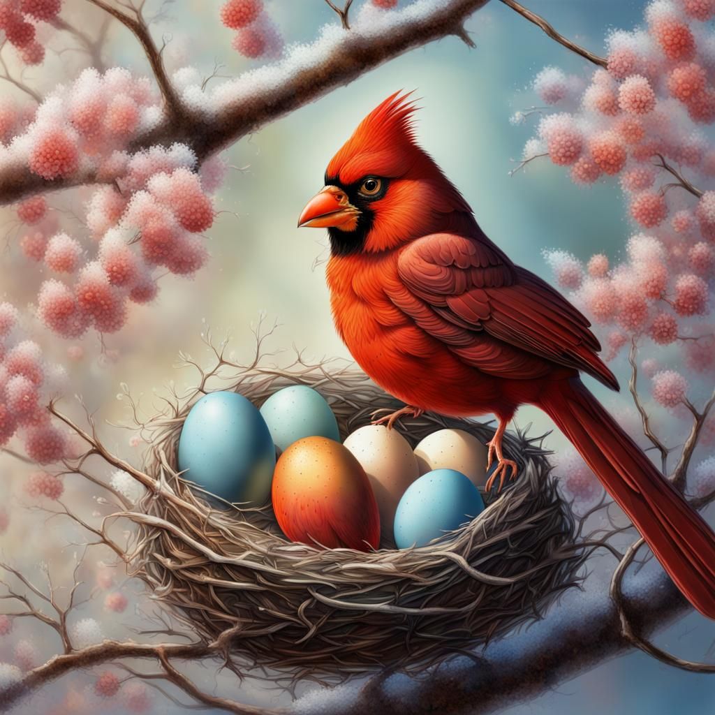Cardinal Nest with Eggs in Early Spring