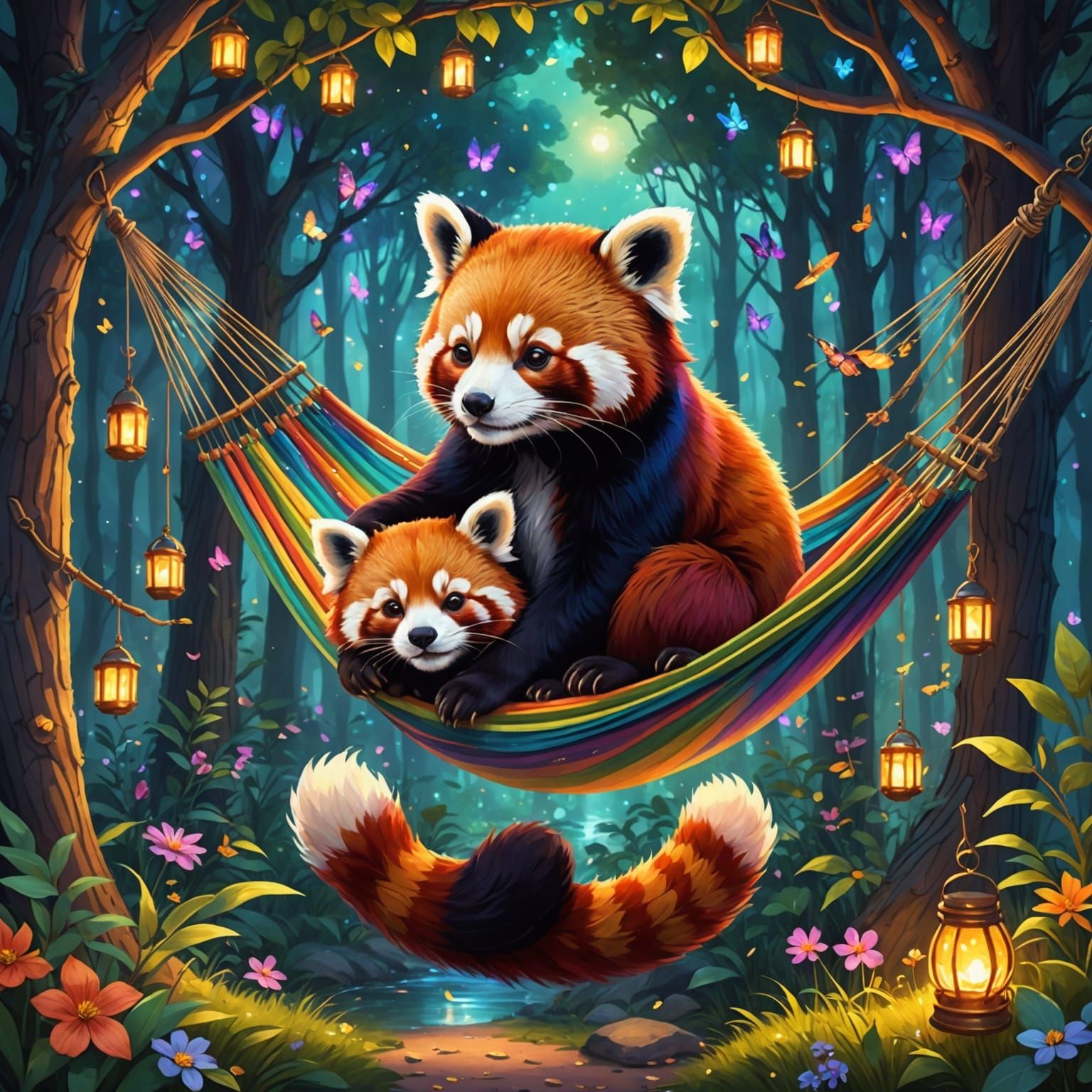 Red Panda and Calico Cat in Magical Forest