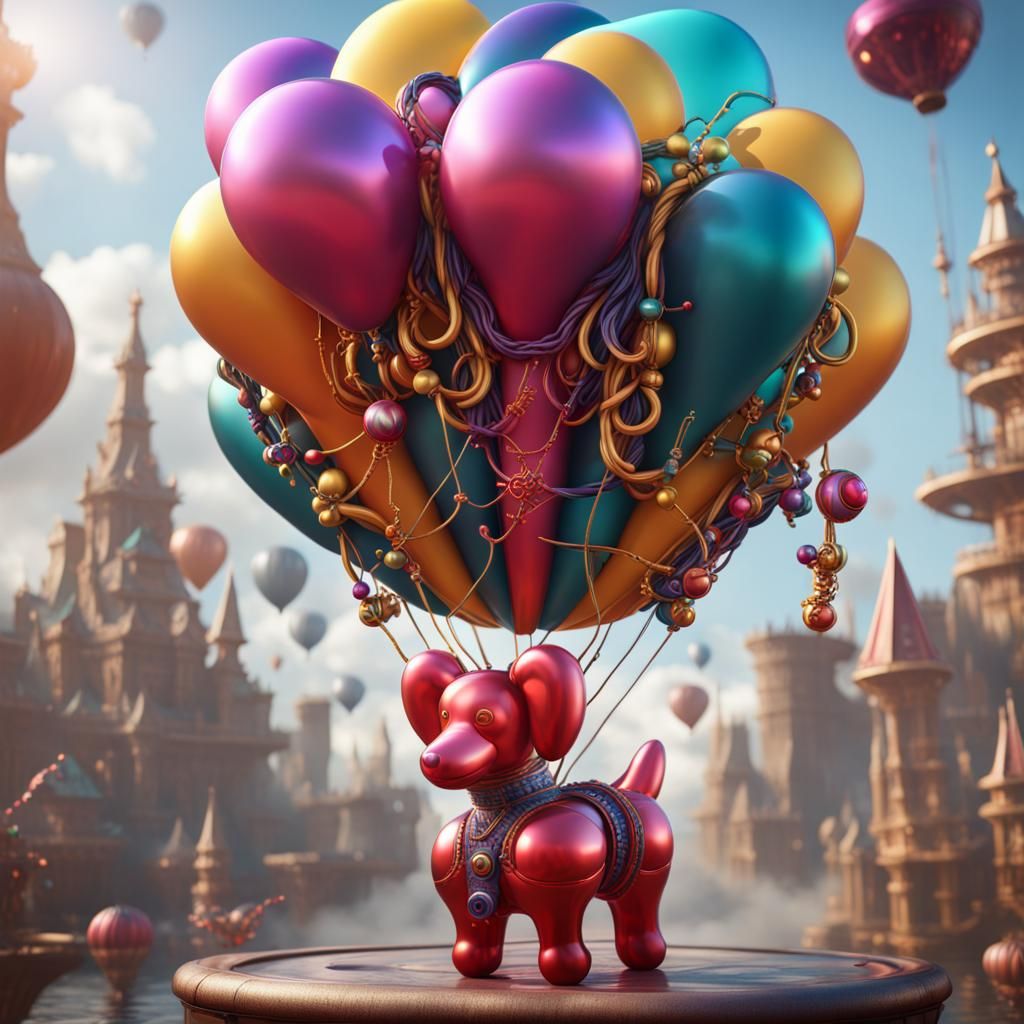a balloon animal wearing an array of miniature, dazzling accessories