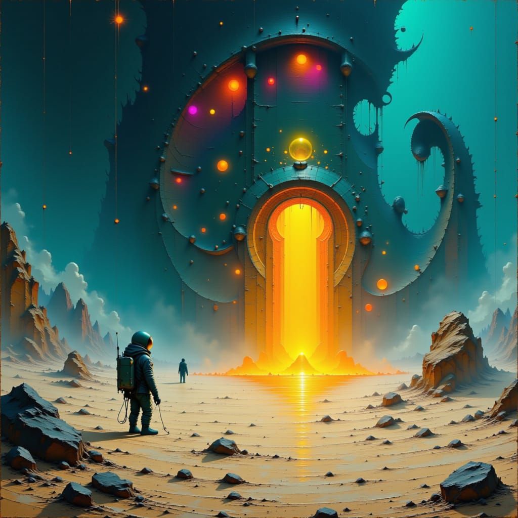 Astronaut and Alien Artifact in Sci-Fi Landscape