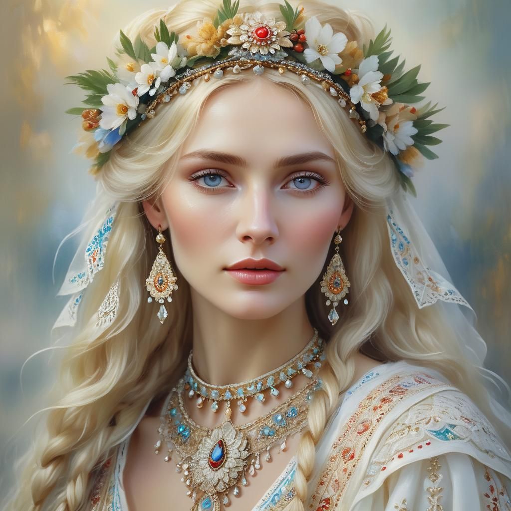 Blonde Beauty in Slavic Clothing: A Romantic Oil Painting