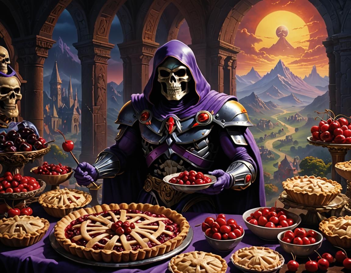 Skeletor making cherry pies, Masters of the universe, motu,