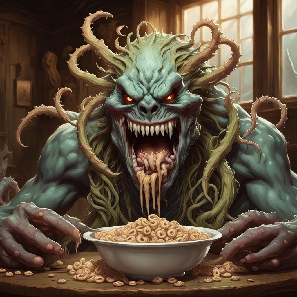 Monster Slurping Cereal: Hyperdetailed Concept Art Portrait