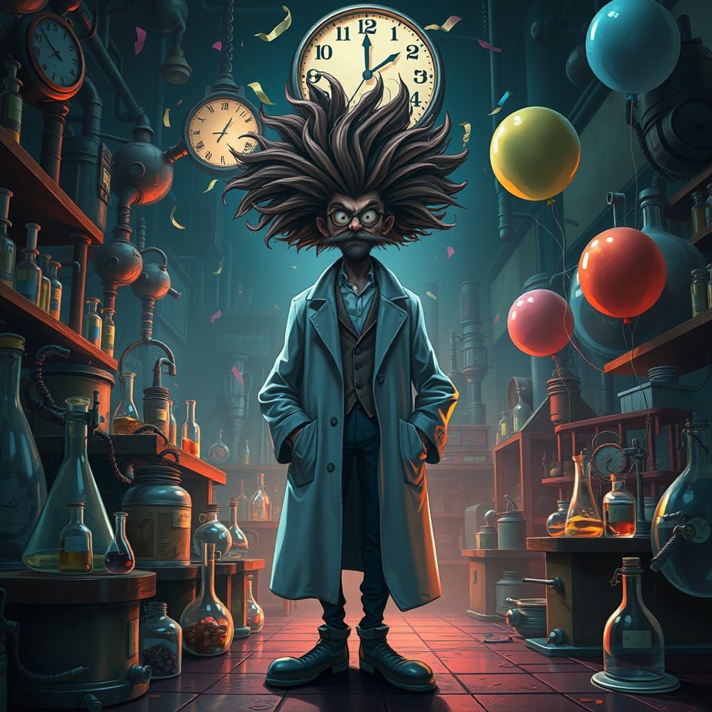 Mad Scientist Celebrates Midnight in a Whimsical Industrial...