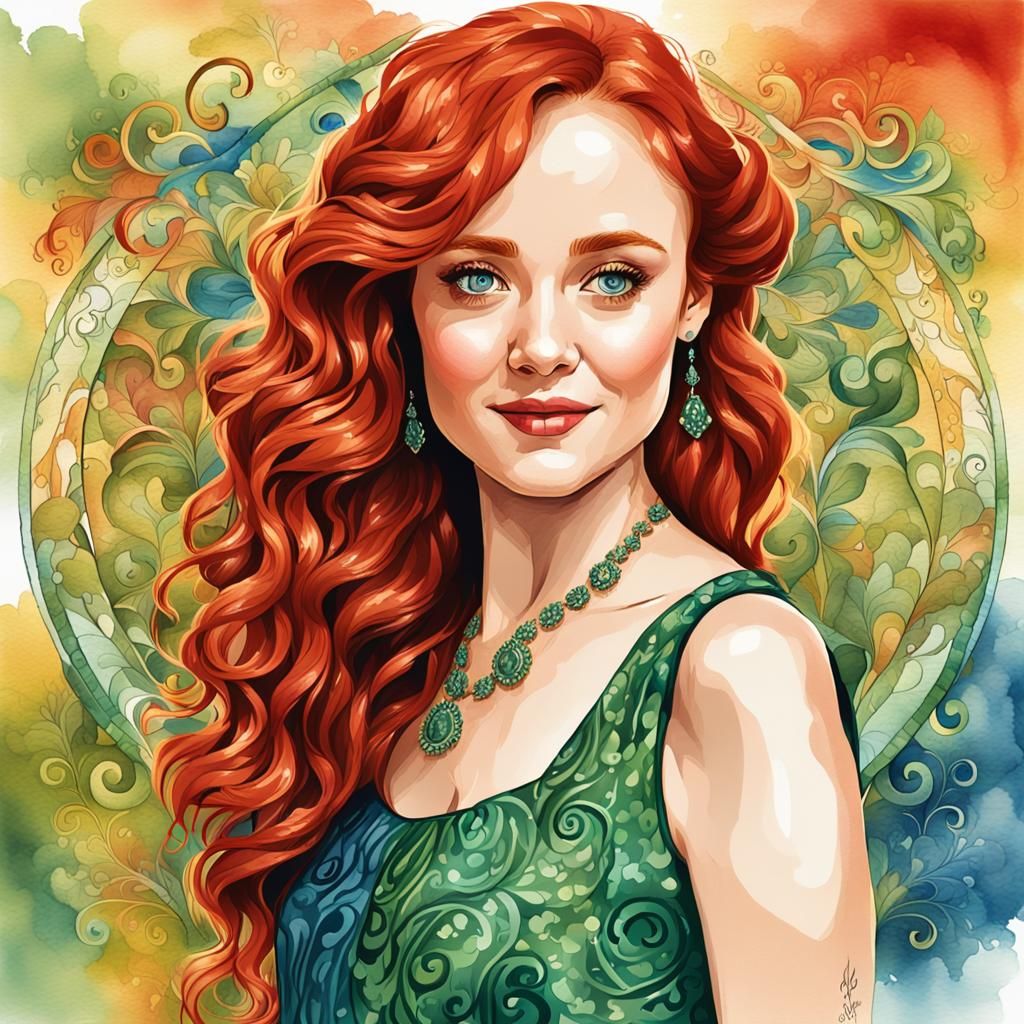 Vector Art of Woman in Green Dress with Bokeh