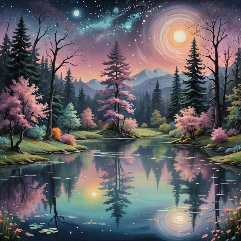Enchanting Moonlit Landscape Painting with Twinkling Stars