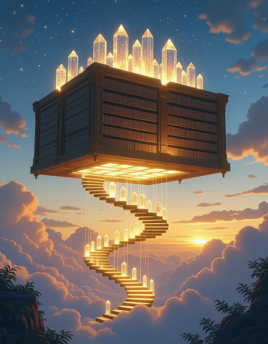Floating Celestial Library in Twilight Sky