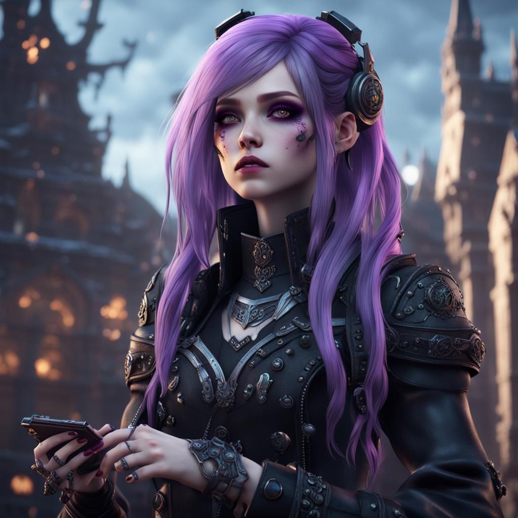 Gothic Girl with Violet Hair in 3D Cinematic Style