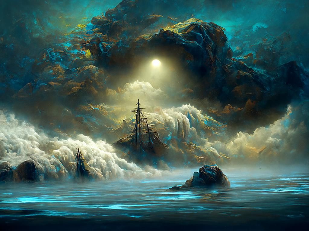 Ship Sailing Through Luminous Clouds, Digital Art