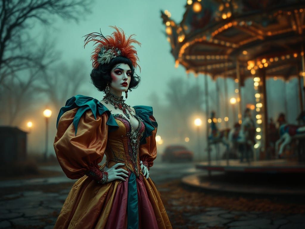 Vintage Carnival Performer in Abandoned Dusk Fair