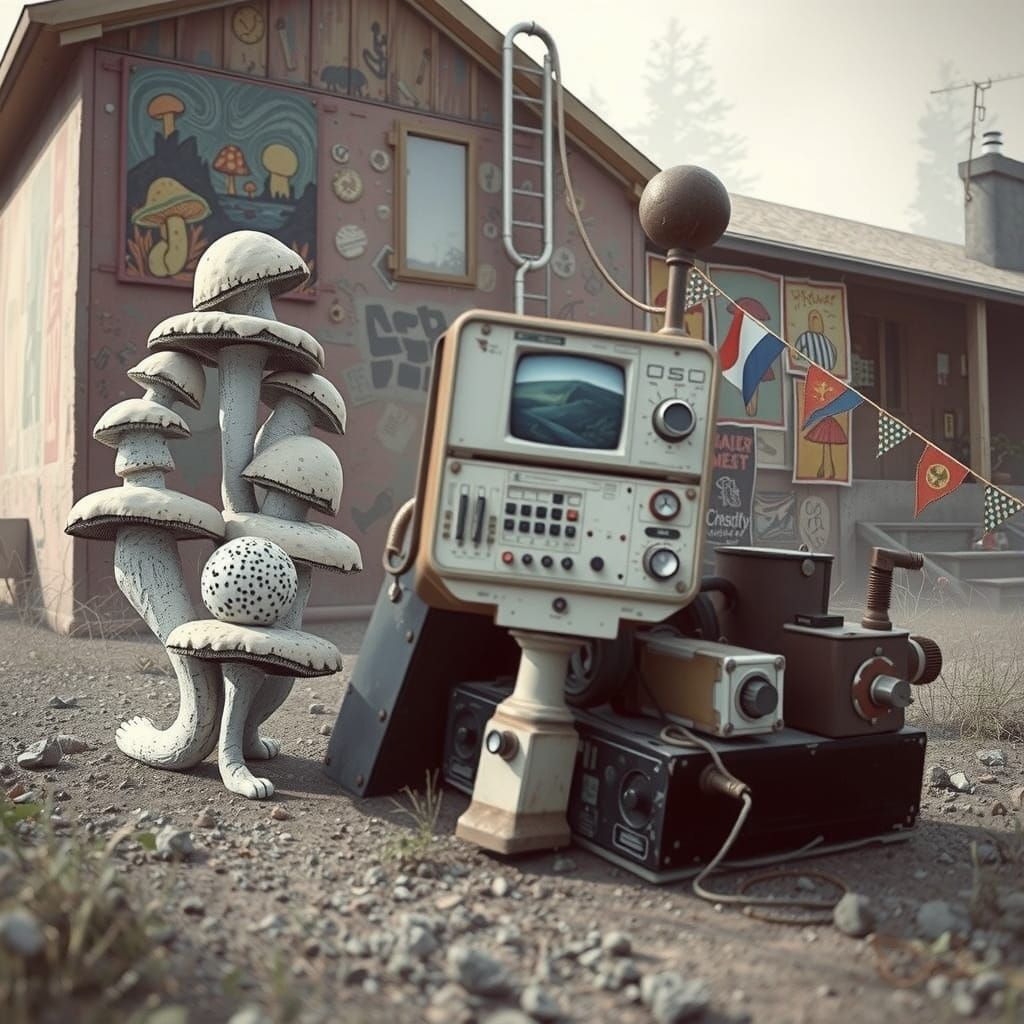 Surreal Gum Bungalow with Vintage Computer, Hyperreal Style