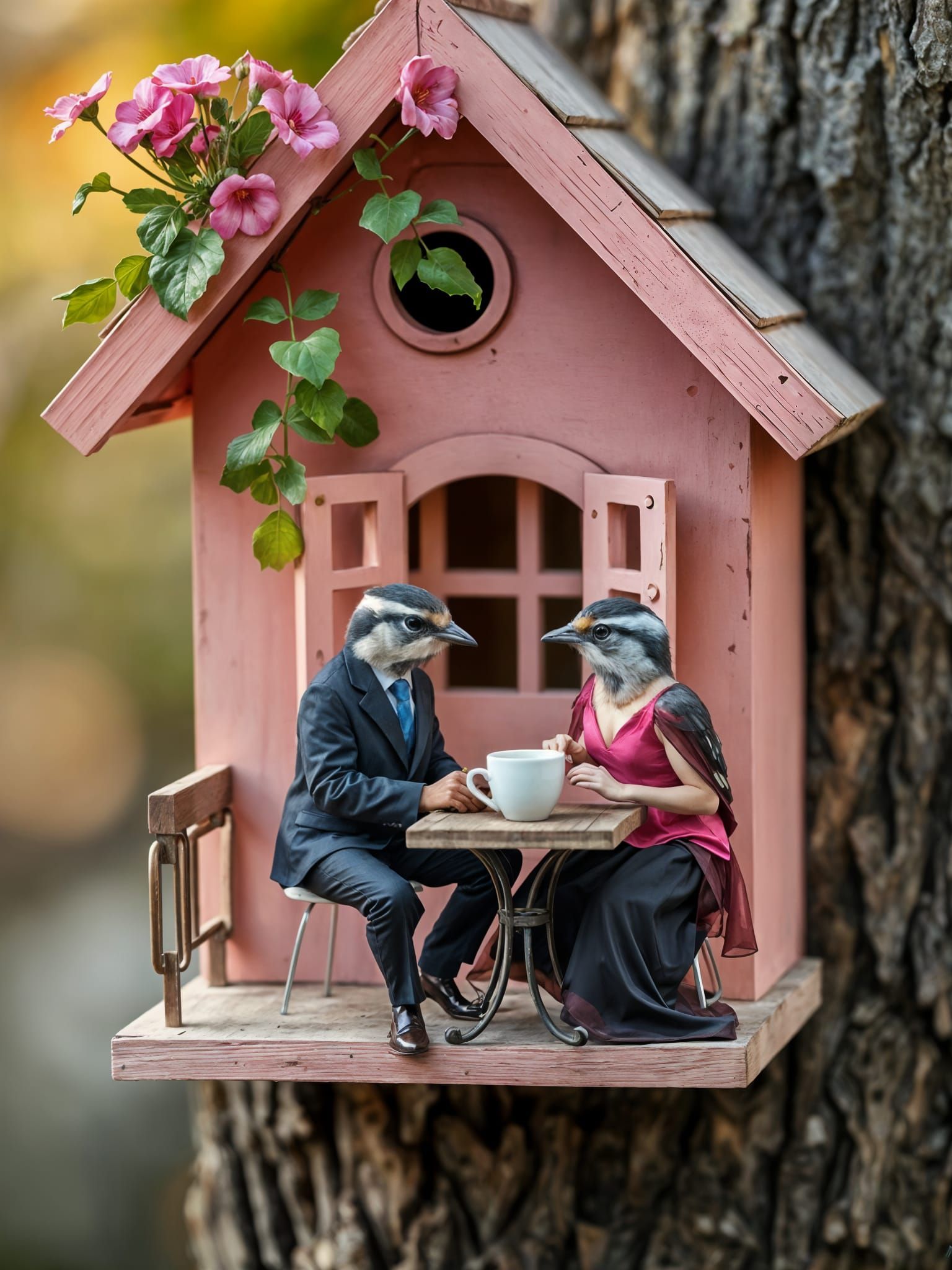 Cozy Birdhouse with Titmouse Couple, Tilt-Shift Photography