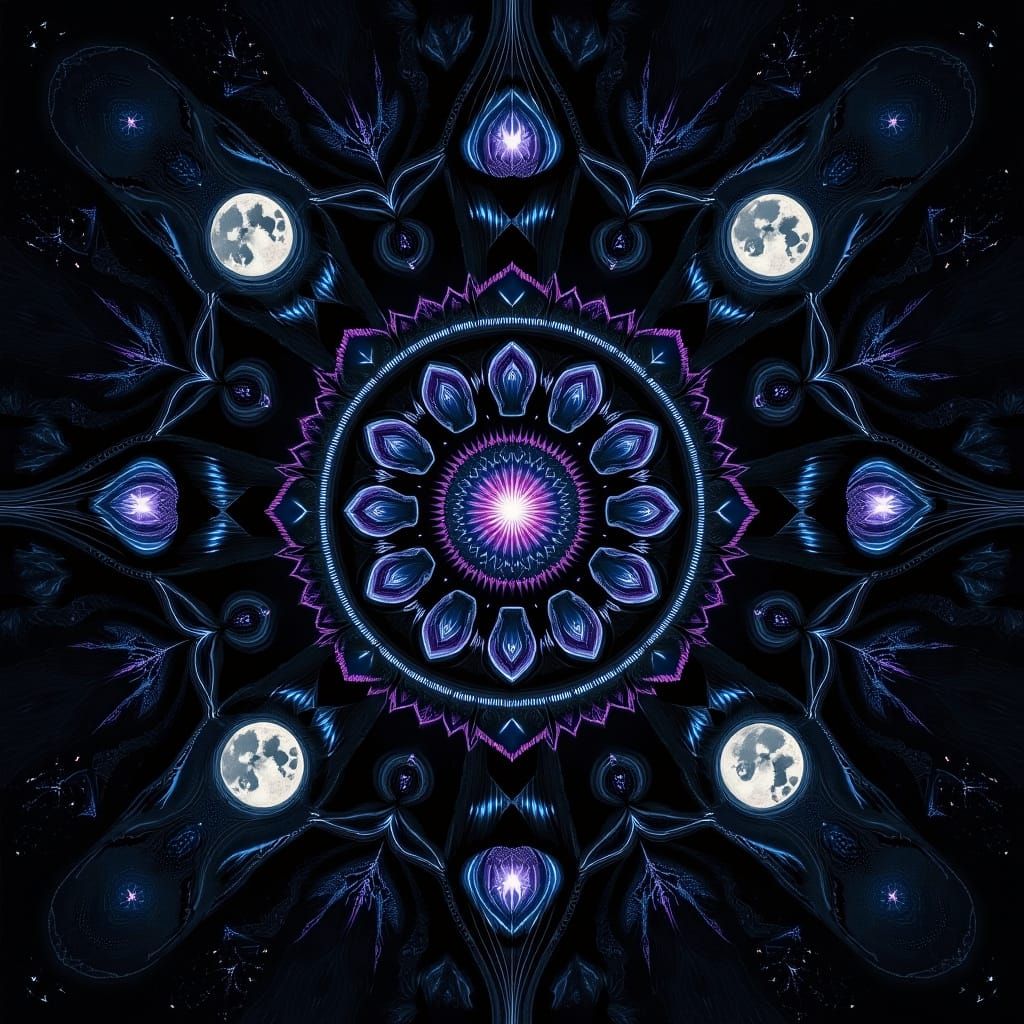 Kaleidoscope Pattern in Deep Space with Stars and Moons