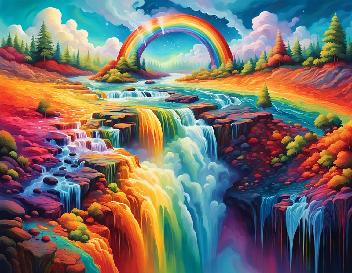 Rainbow Waterfall River in Surreal Splash Art Style