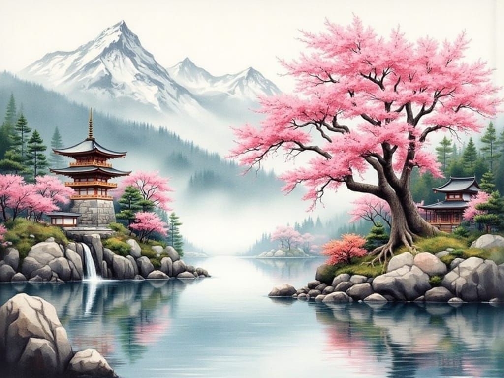 Surreal Watercolor Landscape with Japanese Pagoda and Cherry...
