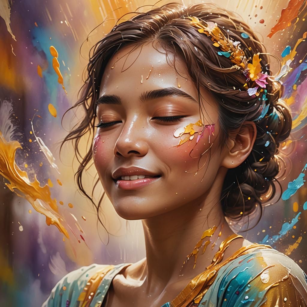 Serene Person in Golden Light: Hyperrealistic Splash Art
