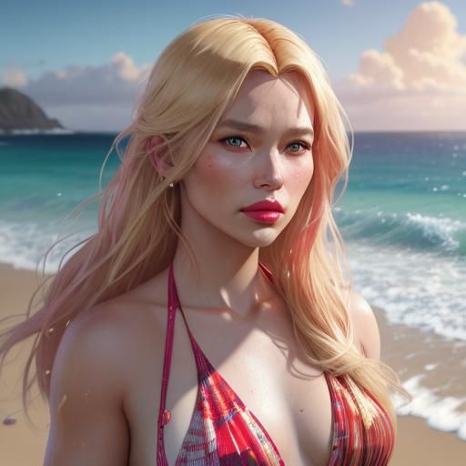 Blond Woman Portrait on Beach in Art Nouveau Style