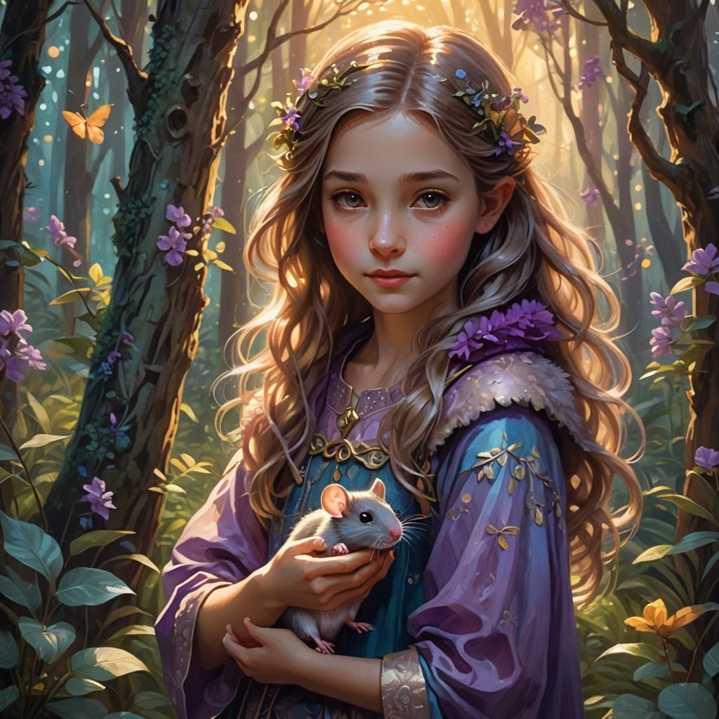Girl and Mouse in Magical Forest Illustration