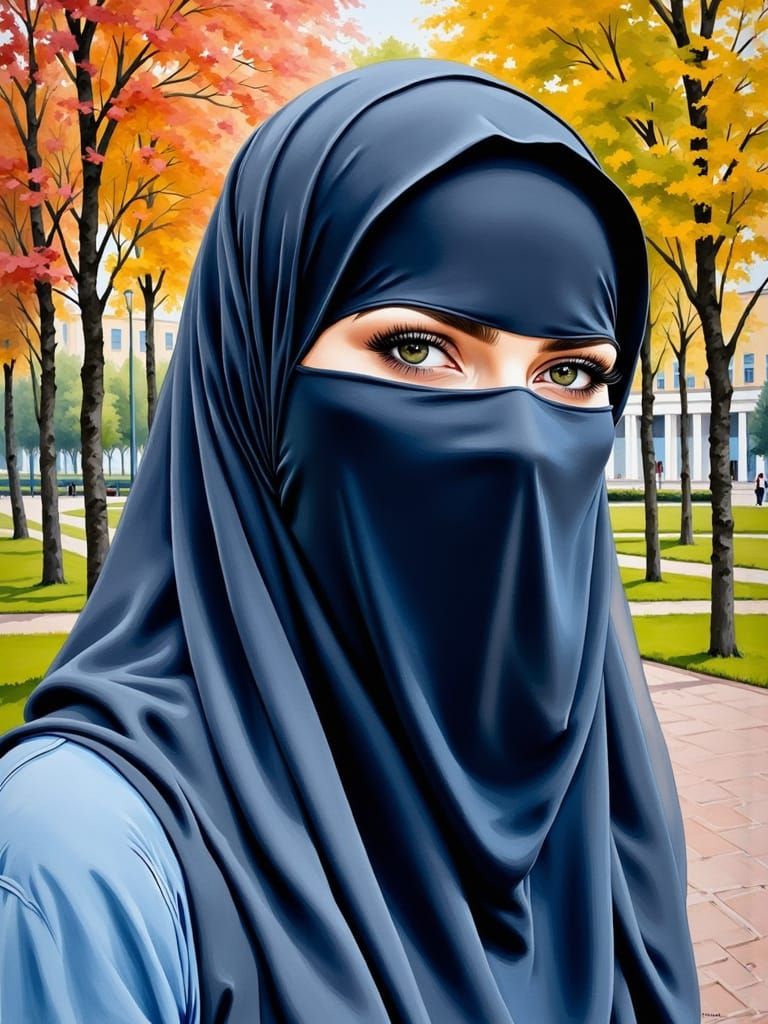 Elegant European Student in Niqab, City Park Portrait