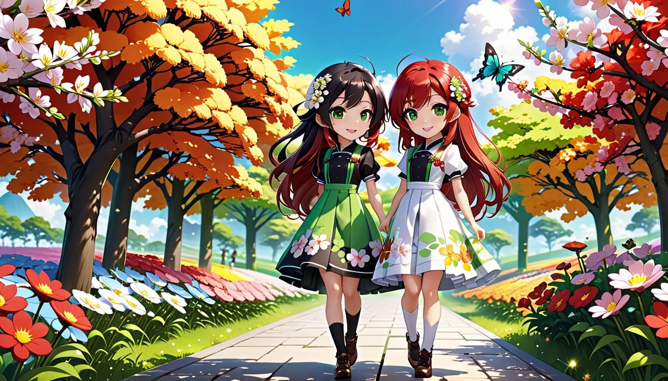 Cute Chibi Girls Painting in Sunny Flower Field