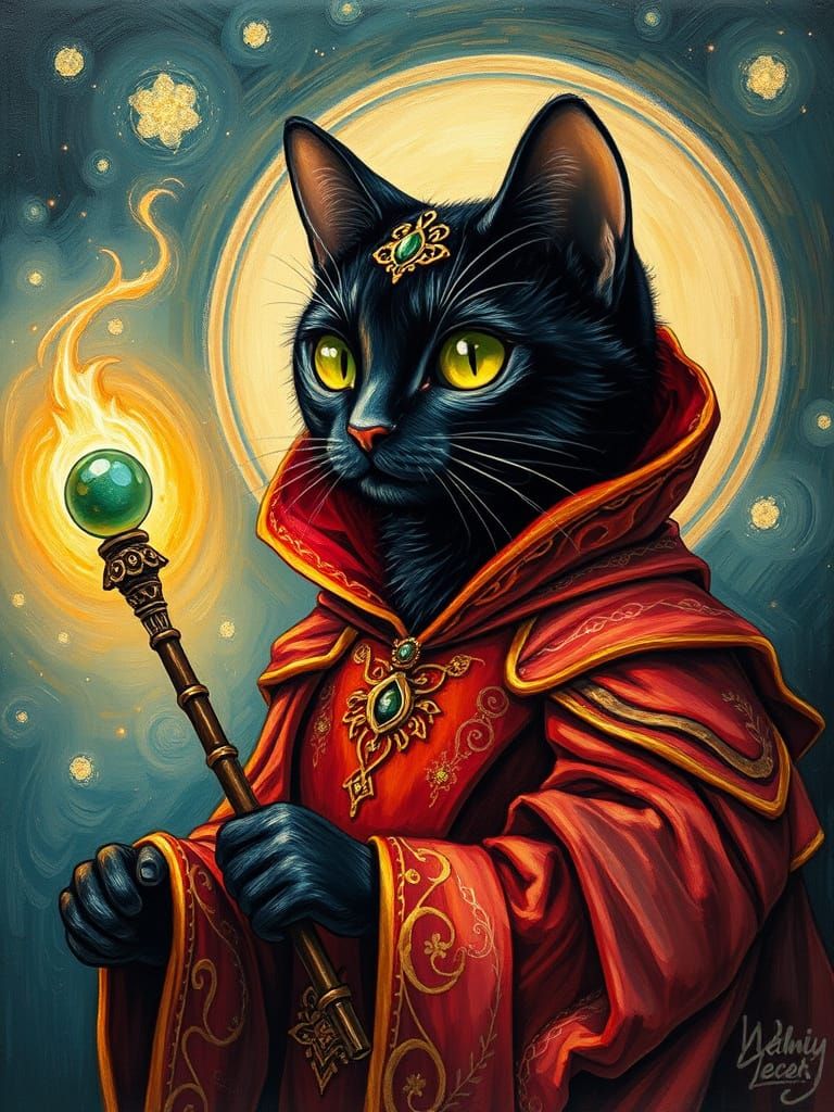 Enchanted Sorceress Cat in Vibrant Oil Painting