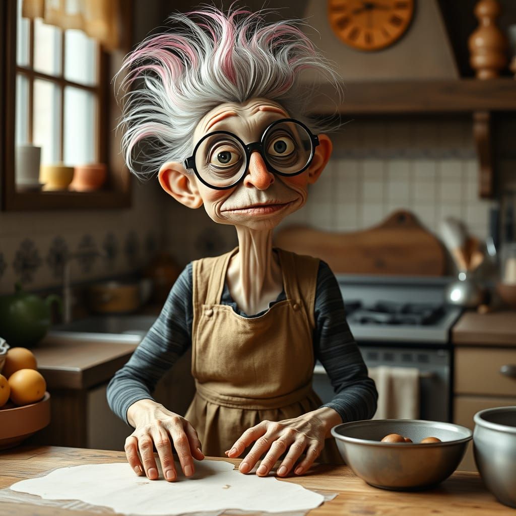Whimsical Old Woman Cooking in Burton Style