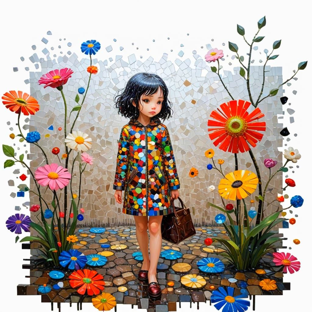 Neon-Lit Rainy Night Streets as Mosaic Collage