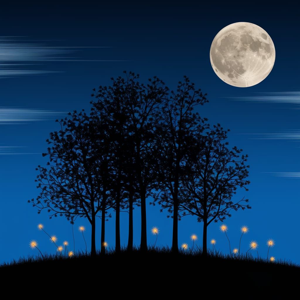 Nocturnal Landscape: Silhouetted Trees Under a Creamy Moon