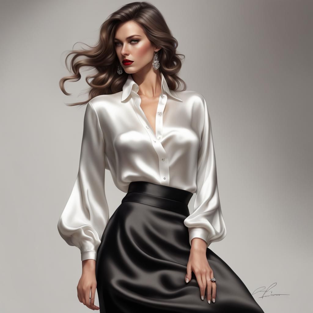 Woman in Silk Blouse and Skirt with Heels