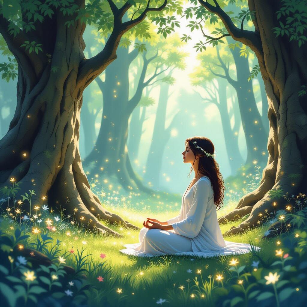 Woman Meditating in Sunlit Forest Clearing with Ethereal Flo...