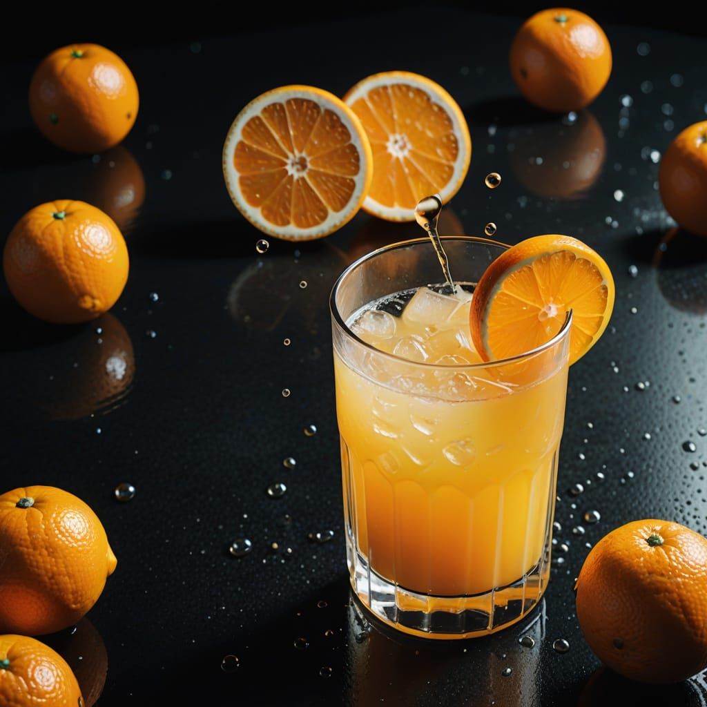 Elegant Glass of Freshly Squeezed Orange Juice on Matte Blac...