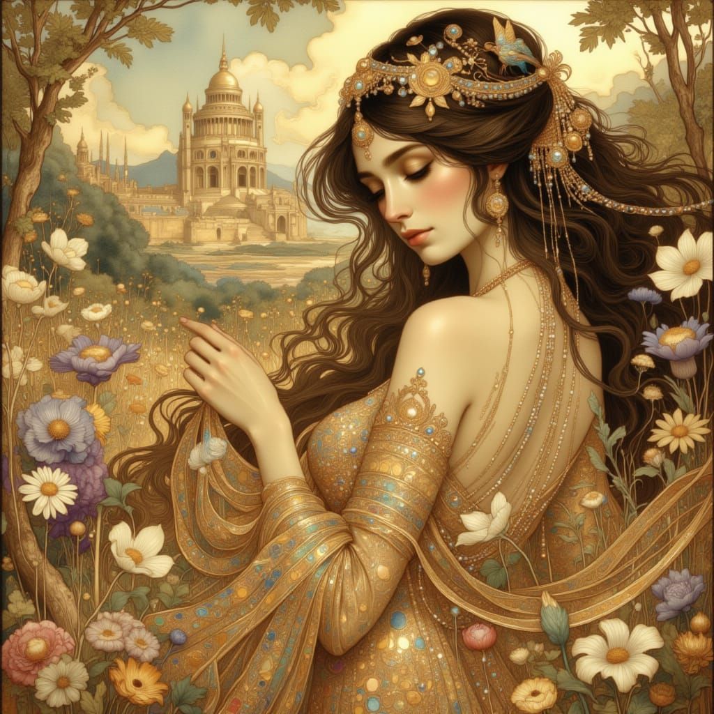 Egyptian Queen in Mythical Landscape as Watercolor Digital P...