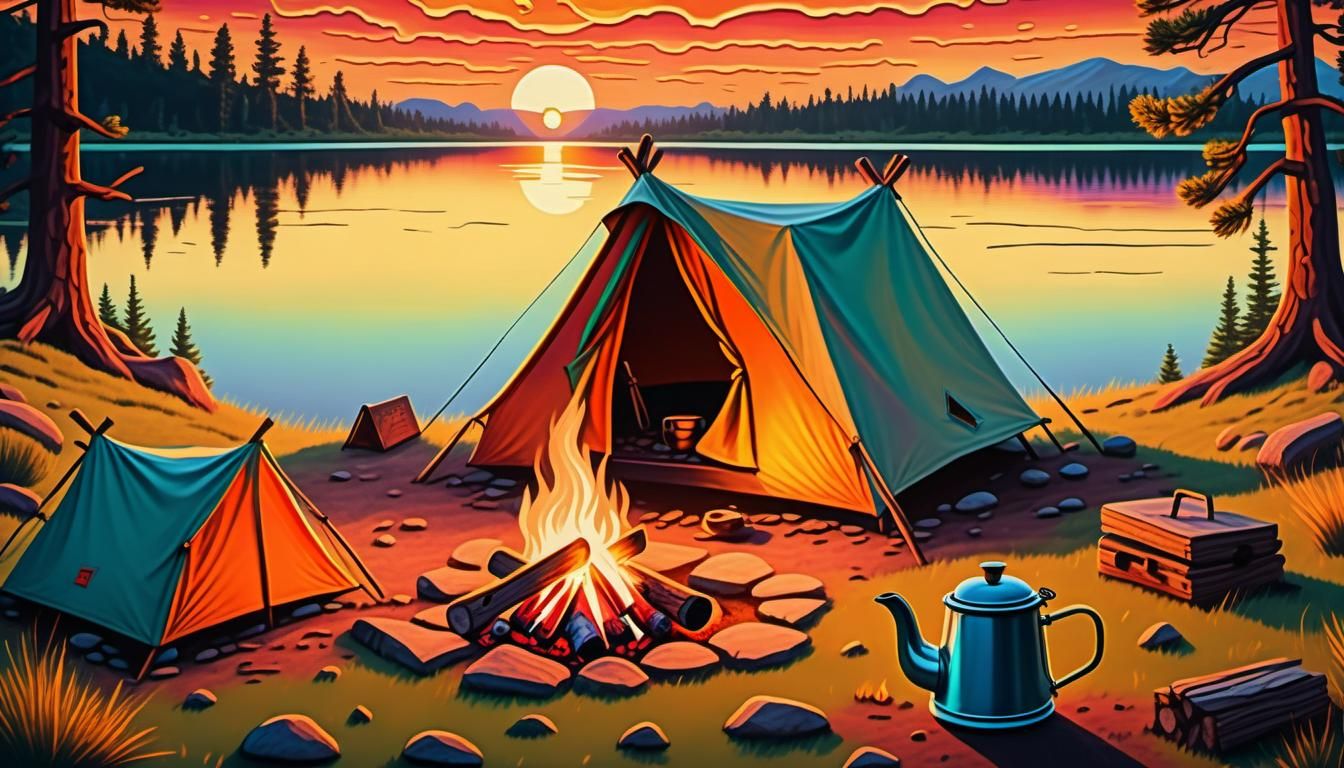 Sunrise Campfire Scene in R. Crumb Style