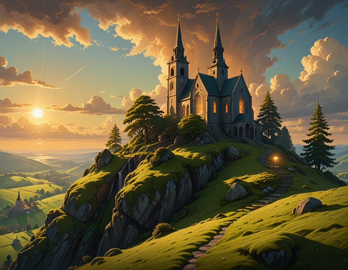 Ethereal Church on Verdant Hill at Golden Hour