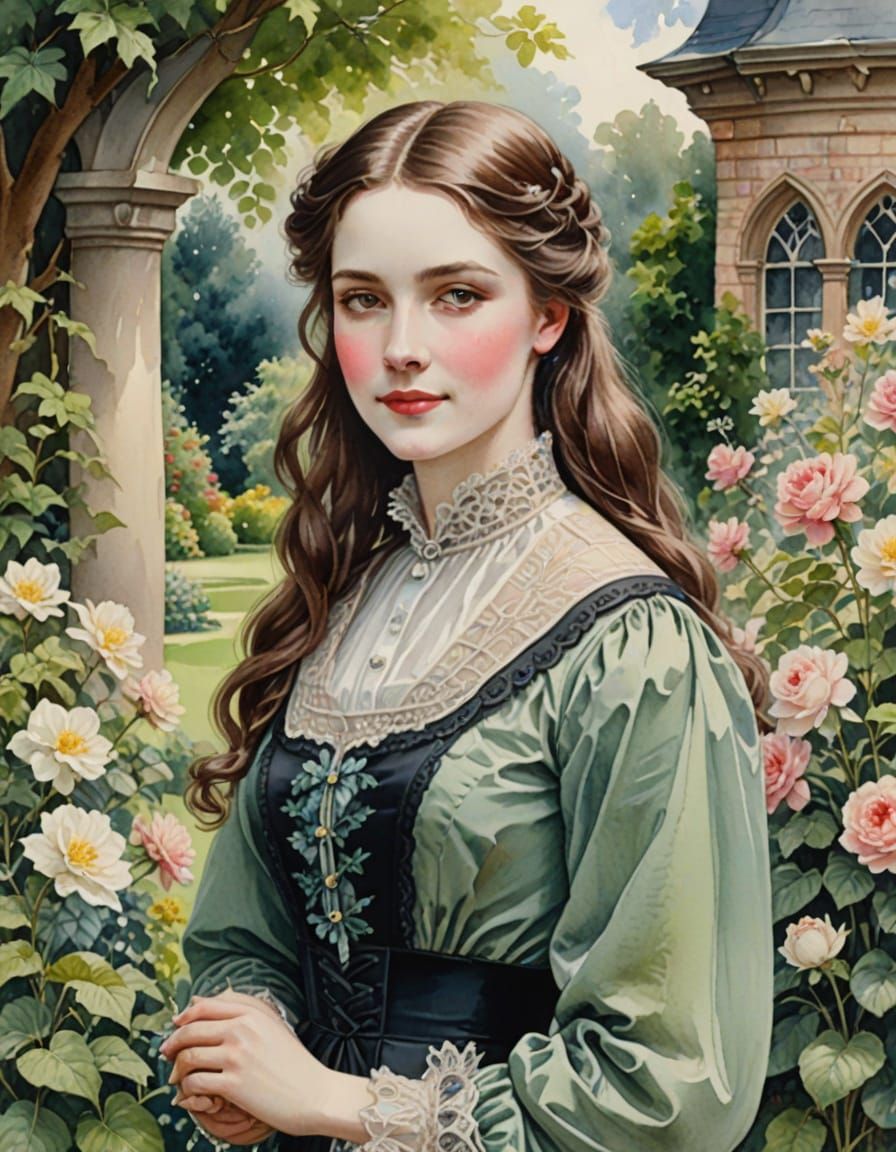 Young Victorian Woman in Garden, Watercolor Style