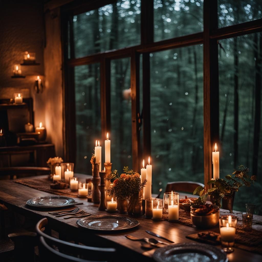 Boho Candlelit Dinner in Rainy Forest