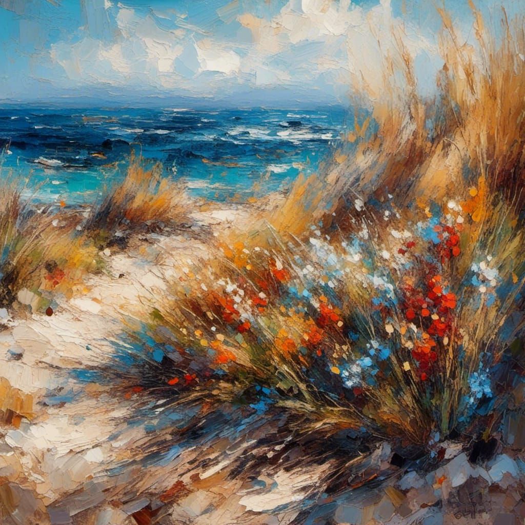 Impressionistic Seascape with Flowers and Wild Grasses