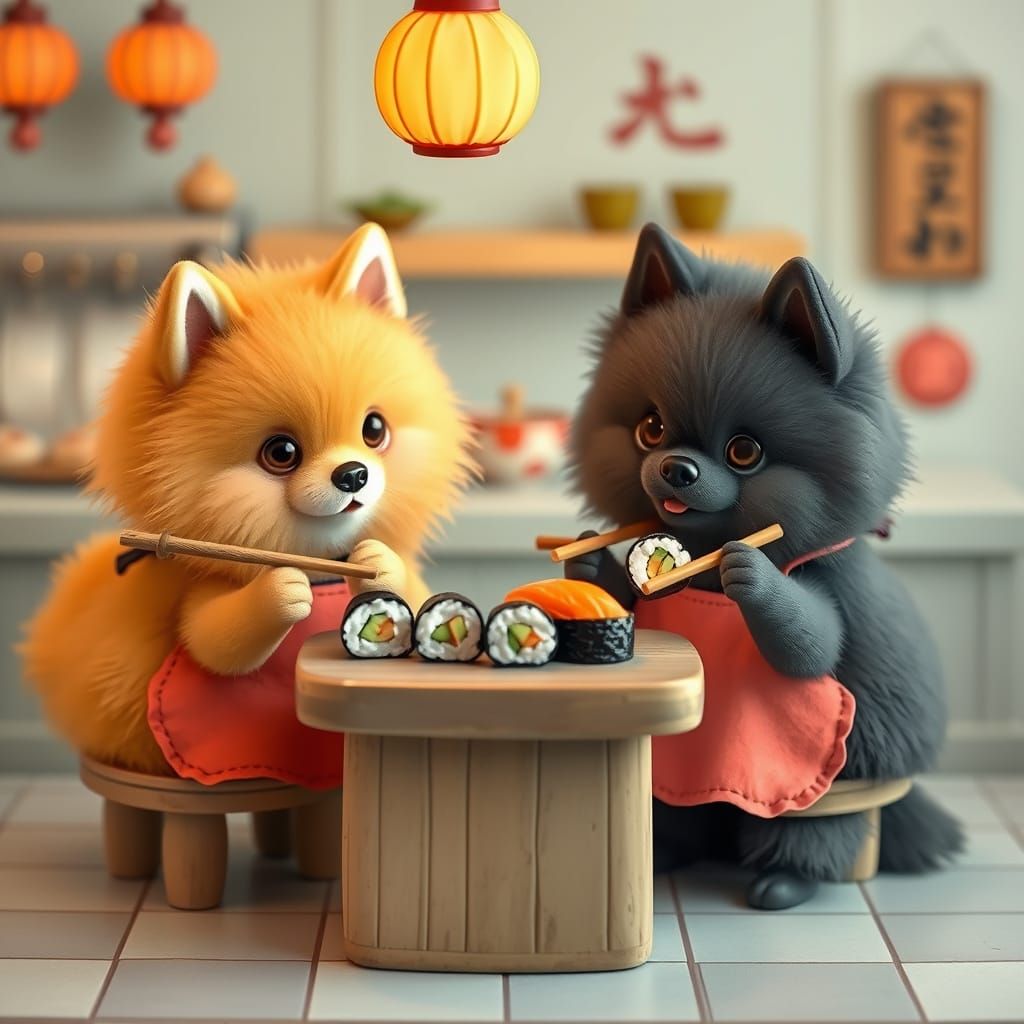 Whimsical Dogs Enjoy Sushi in a Colorful Japanese Setting