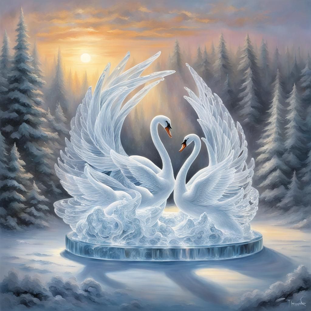 Detailed Ice Swan Sculpture in Sunlight