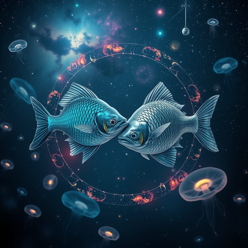 Cosmic Pisces Zodiac Symbol with Iridescent Fish