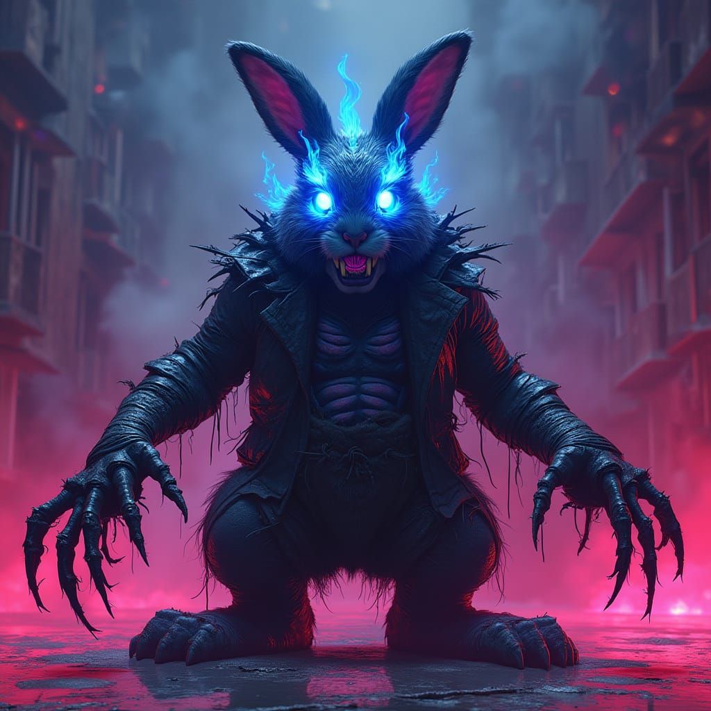 Cyberpunk Vampire Rabbit in Neon Hell