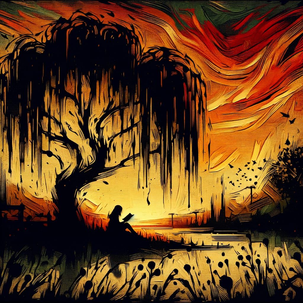 Silhouette Reads Under Willow in Impasto Style