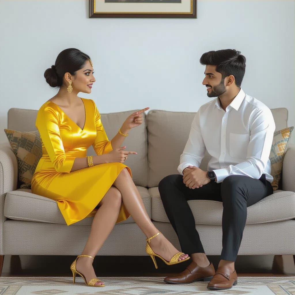 Indian Woman in Yellow Lecturing Nephew in Cinematic Lightin...