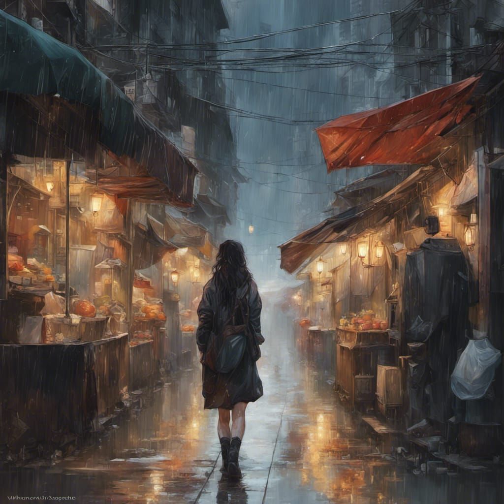 Futuristic City Alley: Wet Girl Walking