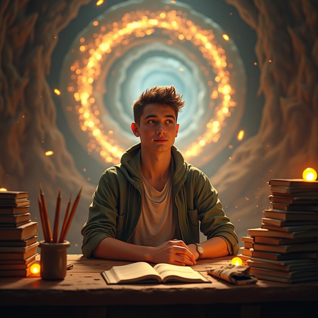 Youthful Student Contemplates Mystical Vortex, Digital Art