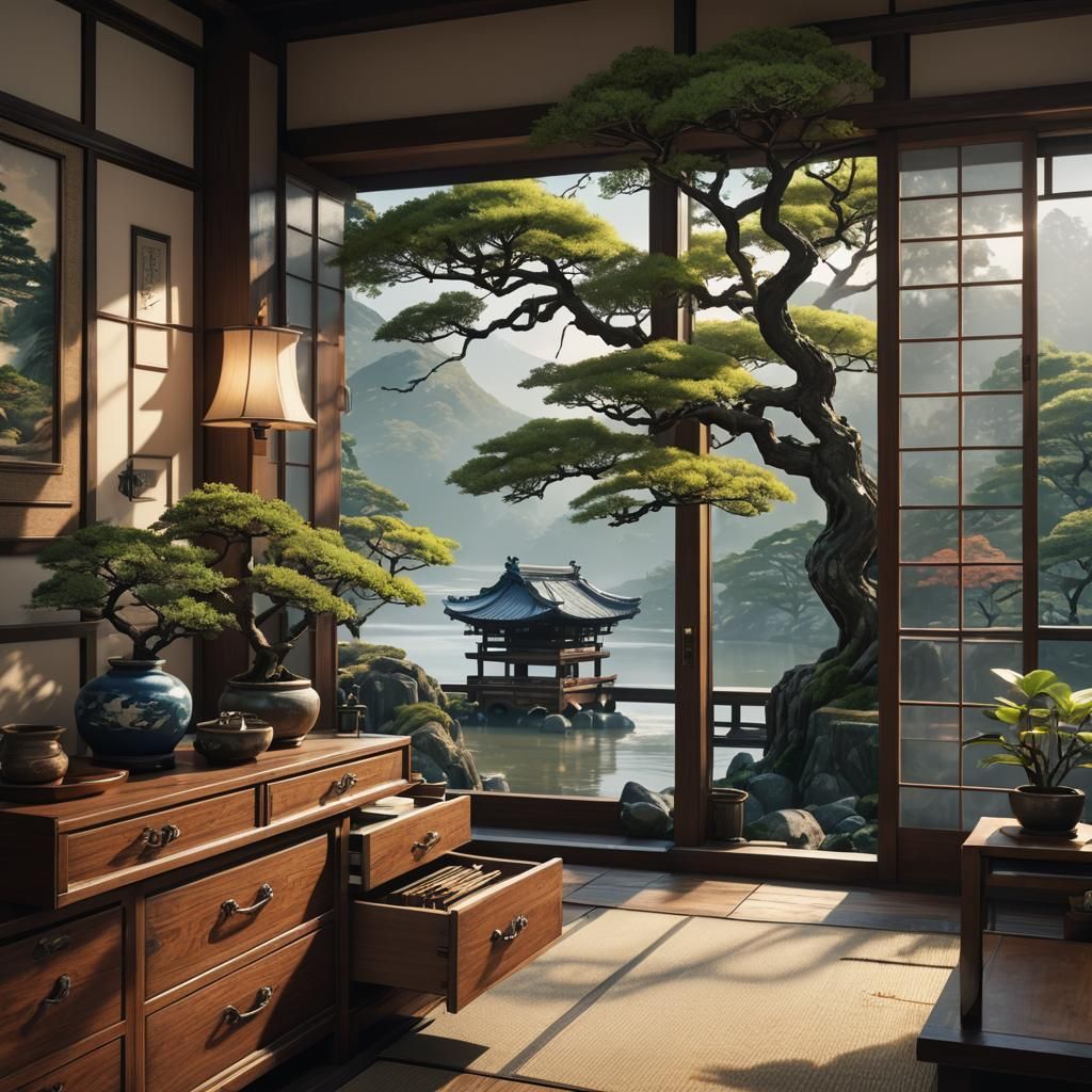 Bonsai Tree in Japanese Room: Matte Painting