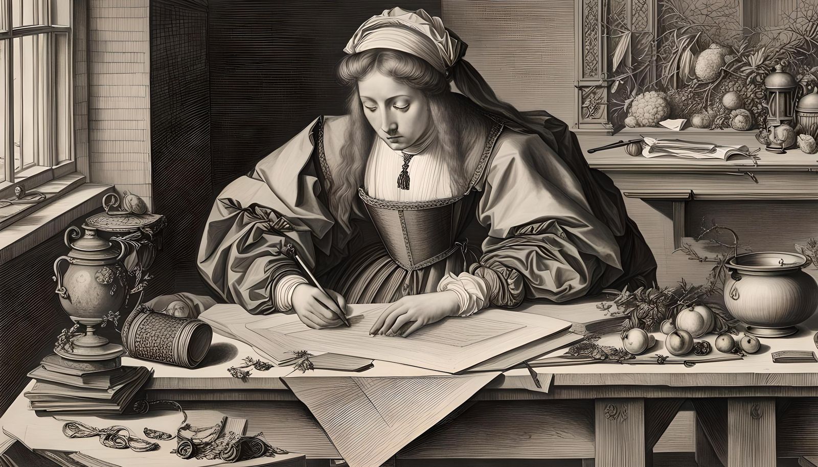 Female Scholar Studying, Hyperdetailed Charcoal Drawing